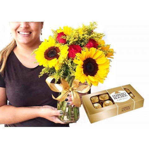 Arranjo com Girassois e Rosas + Ferrero Rocher